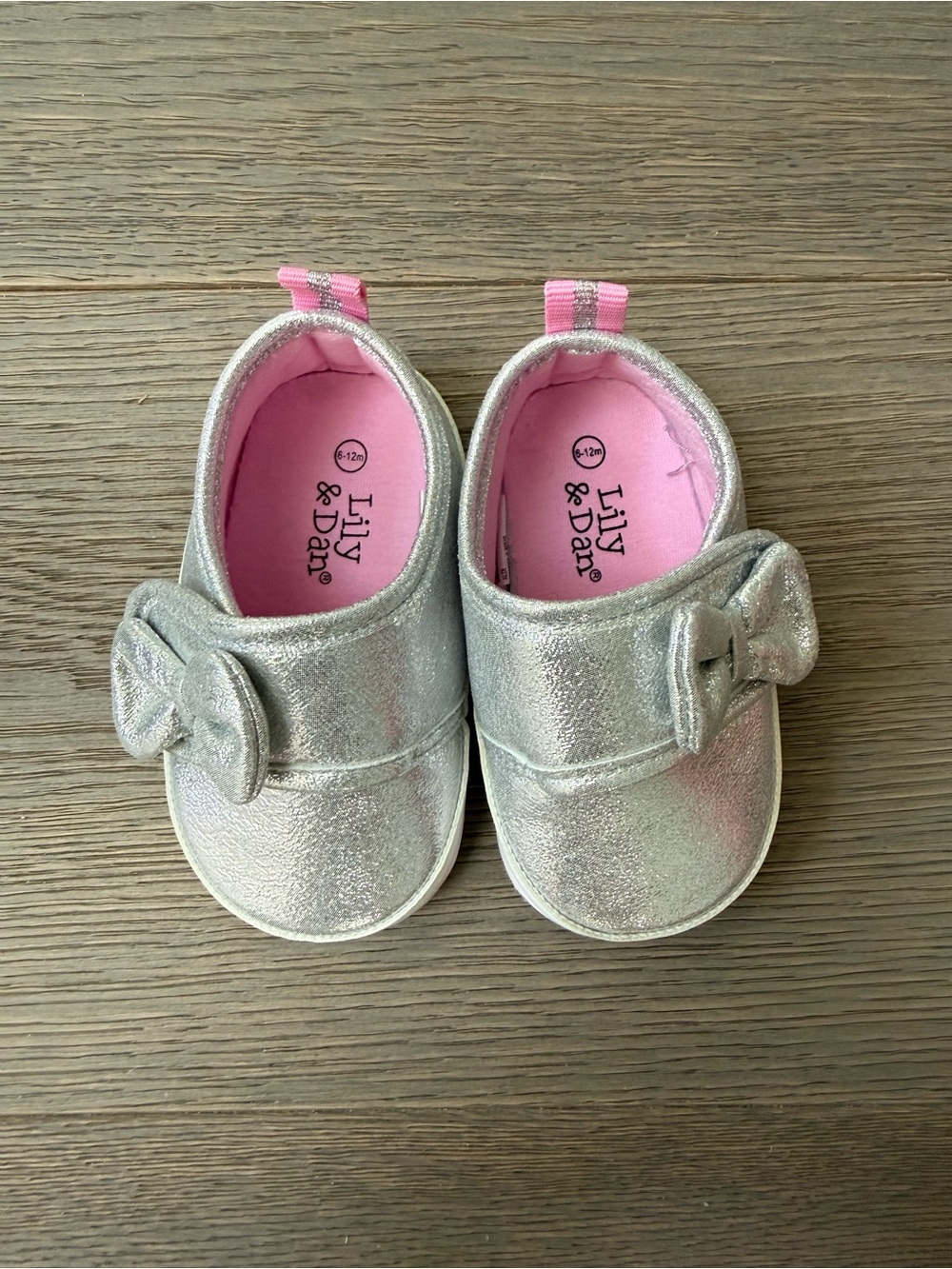 Lily & Dan Baby Silver Bow Slip-On Shoes with Pink Lining